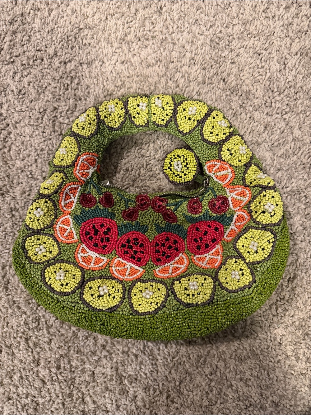 Beaded Fruit Motif Green Handbag